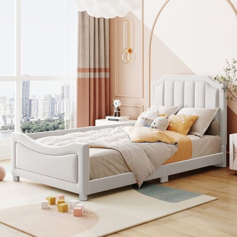 Lit banquette 90 x 200 cm flanelle beige avec dossier et accoudoirs, lit enfant multifonction (1/5)
