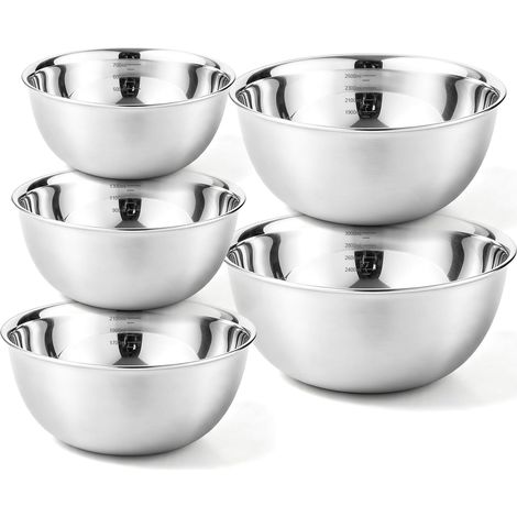 Lot de 5 Cul de Poule Inox, Bols Mélangeurs en Acier Inoxydable, Saladiers En Acier Inoxydable 0.7/1.3/2.1/2.5/3L, Empilables Bol Inox Cuisine, Bol de Service Lave-vaisselle pour Cuisson Pâtisserie (1/5)