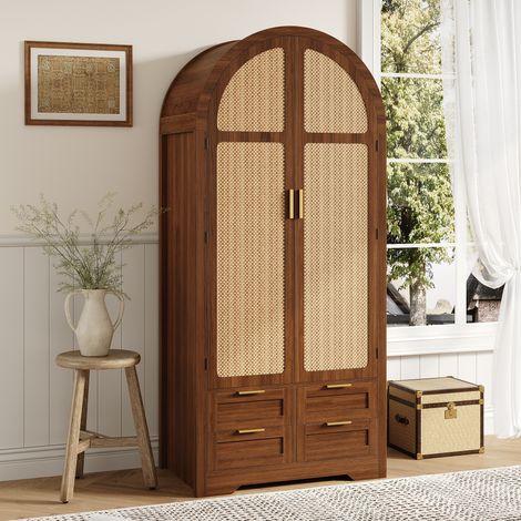 Armoire en rotin 80x50x179 cm - 2 portes cintrées en rotin - 4 tiroirs - Tringle à vêtements - MDF - Marron