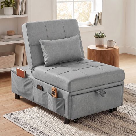 Fauteuil pliant 4 en 1 avec poche latérale, lit d'appoint avec oreiller, dossier réglable, fauteuil-lit à roulettes, gris clair (1/5)