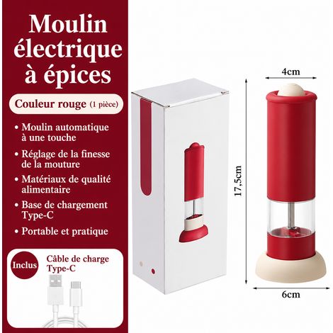 Moulin à poivre électrique rechargeable USB en inox rouge lot de 1 pour sel et épices 800 g – Livraison gratuite