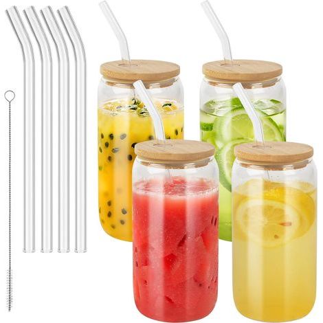 x Drinking Glasses with Bamboo Lids and Glass Straw, 500 ml Can Glass with Lid and Straw, for Ice Coffee, Cocktail, Smoothie (1/5)