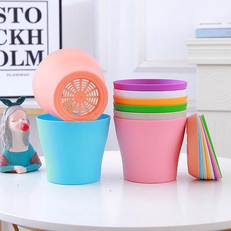Pcs Small - 14cm Plastic Flower Pot with Trays, Plant Pots for Balcony Garden, 8 Colors (1/5)