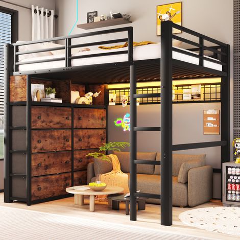 Cama alta infantil 140x200 cm con 8 cajones, LED y almacenaje, negra DESVIAE (1/5)