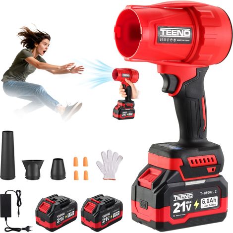 Teeno – Souffleur à batterie 21V – Vitesse du vent jusqu'à 116 km/h – 35 000 tr/min – Avec 2 batteries 6,0Ah et chargeur – Moteur sans balais en cuivre