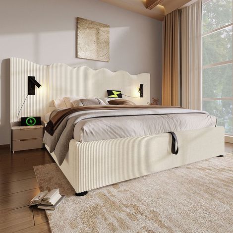 Lit double capitonné 180 x 200 avec liseuse et recharge USB Type-C, en bois massif et métal, beige, tissu velours côtelé (1/5)