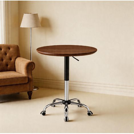 Mesa alta redonda regulable Ø70 cm MDF nogal con ruedas para espacios pequeños - CHICFURN (1/5)