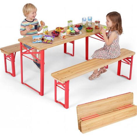 COSTWAY Set da Esterno 3 Pezzi per 4 Bambini, Tavolo da Picnic con 2 Panche in Legno Pieghevole, Robusta Struttura in Metallo, Facile da Riporre, Set da Giardino per Bambini 3-8 Anni per Patio (1/5)