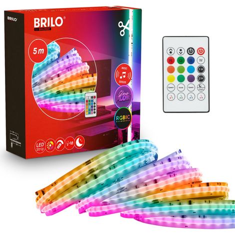 Briloner Striscia LED COB con telecomando 5 m 20W 1500lm 3000K RGBIC bianco caldo dimmerabile - Nastro LED per soggiorno feste gaming (1/5)