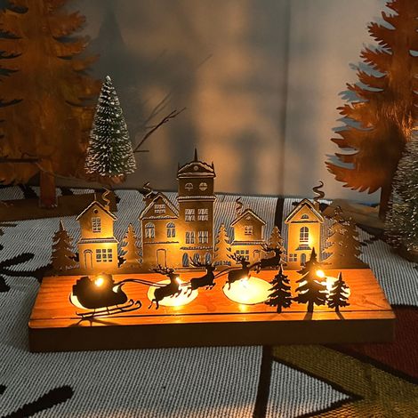 Plateau à bougies de Noël en métal et bois avec motif de maison rustique pour centre de table, décoration de vacances (SDZT-34L) (1/4)