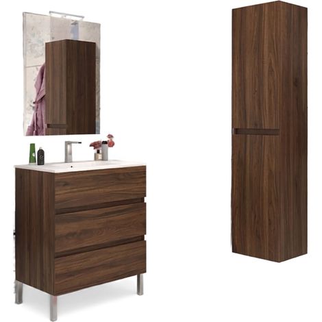 Mobile da Bagno a Terra con Lavabo 80 cm e Specchio Bali Light Noce Scuro (1/2)