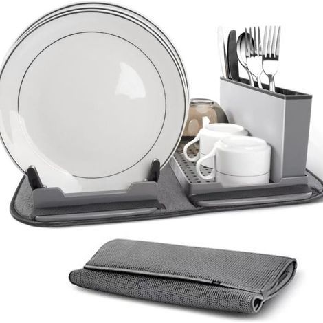 Escurridor de platos 4 en 1, organizador de utensilios de cocina, gris (1/4)