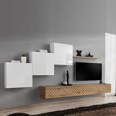 Ensemble Meuble TV "Switch Lamel X" 330cm Naturel & Blanc (1/5)