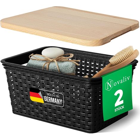 Novaliv lot de 2 paniers de rangement élégants avec couvercles en bois aspect rotin Plastique alimentaire noir 5L Parfait pour la salle de bain