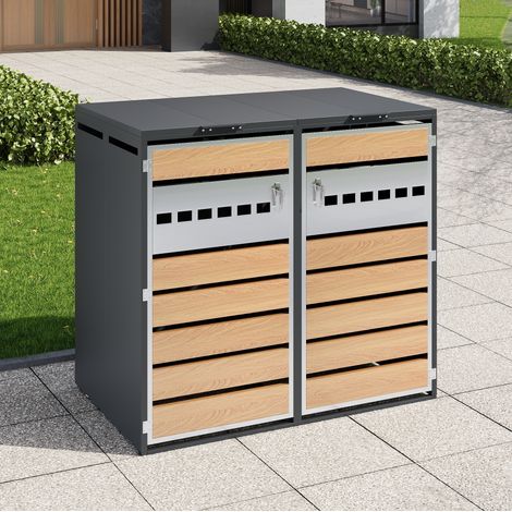 Box per bidoni 2 scomparti grigio in acciaio zincato con coperchio ribaltabile, porte ventilate e chiusura (1/5)