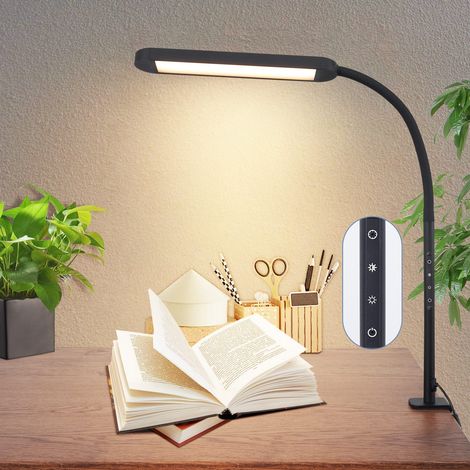 GBLY Schreibtischlampe LED Klemmbar - Dimmbar Schreibtischleuchte Schwarz 5 Farben und 5 Helligkeitsstufen 11W Tageslichtlampe Augenschutz Schwanenhals Tischlampe für Büro Arbeitszimmer Schneider