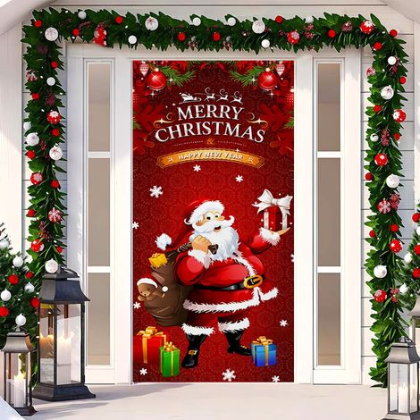 Rideau de porte de Noël 2026, bannière extérieure avec fond photo Père Noël et chien, tissu à suspendre - 90 x 180 cm (œillets + ruban) - 44