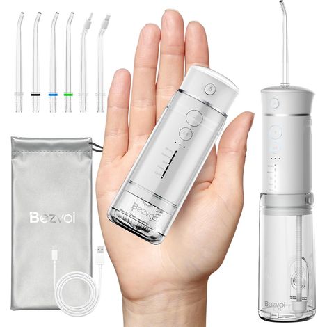 Mini Hydropulseur Voyage 5 Modes, 6 Embouts, Réservoir Télescopique Sac de rangement inclus, Charge USB-C, Étanchéité IPX7, Convient aux bagues dentaires et gencives sensibles (1/5)