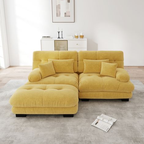Modulares Ecksofa aus gelber Chenille mit Ottoman und Kissen HAVRYA (1/5)