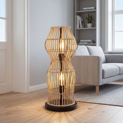 Bodenlampe Bambus 60 cm klein Korbschirm 2x E27 Stehleuchte niedrig