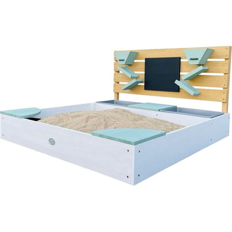 Bac à sable en bois FSC avec bassin d'eau et mur de jeu – Jouets de sable, tableau à craie, entonnoirs – Couverture et toile de sol incluses – AXI