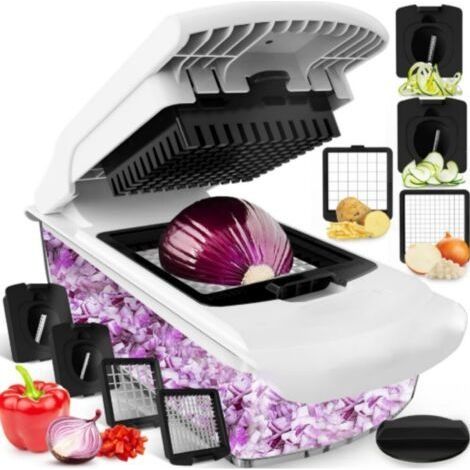 Trancheuse manuelle,Coupe Legumes Multifonctions - Spiraliseur et Decoupe Legumes Manuel - Coupe Legume Cube Oignon Carotte Concombre Tomates Fruits - Cuisine Accessoires (4-en-1 Blan (1/4)