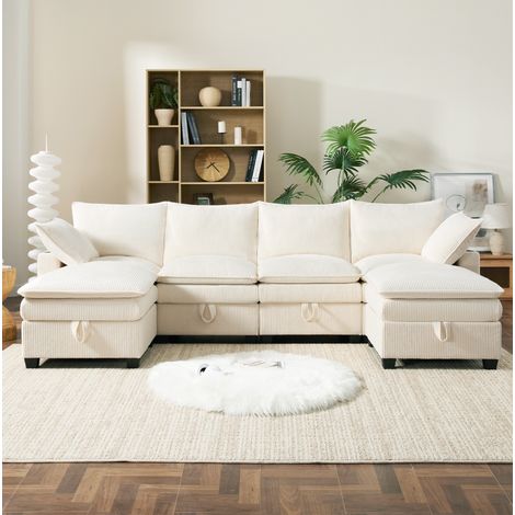 Sofá modular de pana beige 280x151x82 cm, forma L/U con 2 pufs, USB y almacenaje (1/5)