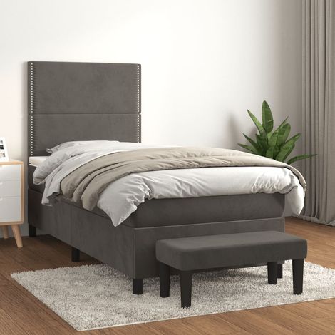 Cama box spring con colchón terciopelo gris oscuro 90x200 cm