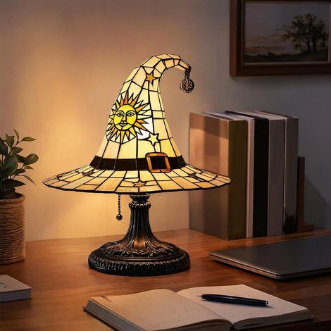 Lampe de table chapeau de sorcière en résine style vitrail, veilleuse chapeau de sorcier gothique pour Halloween, alimentation USB (1/5)