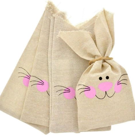 Sacchetto regalo pasquale da 5 pezzi con coniglietto, sacchetto in lino con orecchie da coniglietto, sacchetto per caramelle, sacchetto per confezionare uova di Pasqua (1/2)