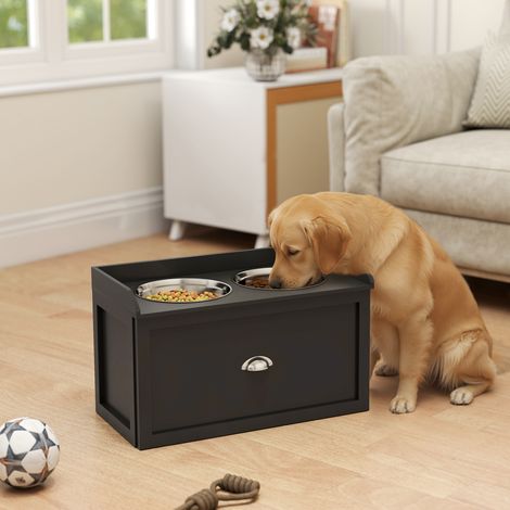 Gamelle Double Chien Chat - Porte-Gamelles Surélevé Rangement 2 en 1 - Tiroir. 2 Gamelles - Acier Inox MDF Noir