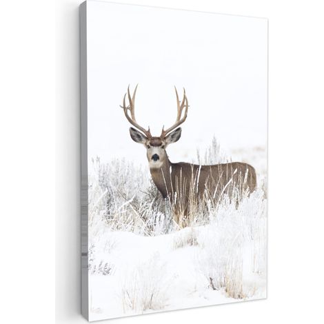 TABLEAU SUR TOILE Cerf - Hiver - Neige - Animaux - Saisons - Blanc Tableau Chambre Adulte 90x140 cm