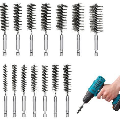 Lot de 14 brosses métalliques pour perceuse, brosse cylindrique pour perceuses avec tige hexagonale, brosses perforées en acier inoxydable 8-25 mm avec boîte de rangement pour polissage ponçage (1/5)