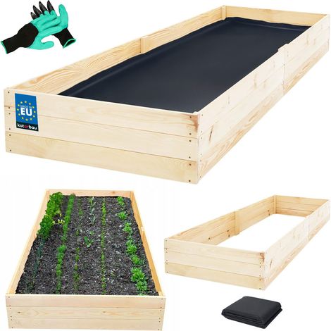 KOTARBAU® Carré Potager - Bois de Pin - 200 x 100 x 27 cm - Naturel - Bac Potager - Jardiniere Surelevee Exterieur - avec Vlies et Gants à Griffes
