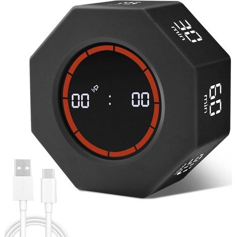 Temporizador digital con función de giro por gravedad，con 3 niveles de volumen，Pantalla LED，800 mAh，Negro，7 grupos de tiempo fijos