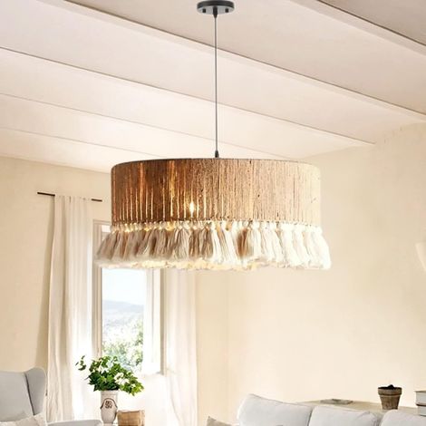 Handgeflochtener LED-Kronleuchter aus Hanfseil, runde Lampe mit Quasten (50 cm) – Deckenleuchte für Restaurants und Wohnzimmer – E27 (Leuchtmittel nicht im Lieferumfang enthalten) (1/4)