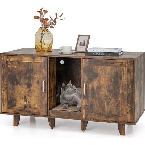 Design rustique brun, meuble litière chat fermé avec griffoir et entrée sinueuse pour salon ou chambre (1/5)