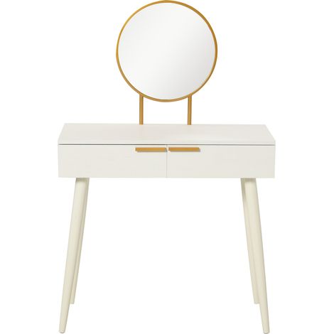 Coiffeuse moderne blanche avec miroir rond et 2 tiroirs, table de maquillage pour chambre ou dressing, 80x40x123 cm