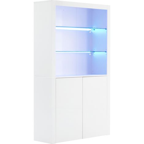 Vitrine mit 2 Türen, Glasboden aus Hartglas und LED, Hochglanzfront für Wohnzimmer, aus MDF, Weiß, 100 × 35 × 170 cm (1/5)