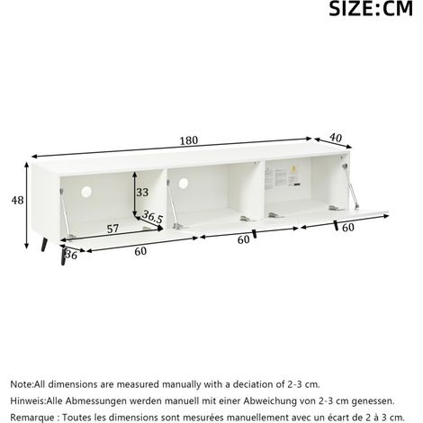 Meuble TV 180 x 40 x 48 cm – 3 portes à charnières, meuble bas, support TV, MDF imprimé, pour écrans jusqu’à 80 pouces, blanc – Design texturé (1/4)