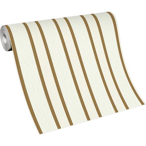 Papier peint rayures blanc crème & or | Tapisserie rayures chic pour chambre adulte | Papier peint intissé rayé élégant pour salon (1/4)
