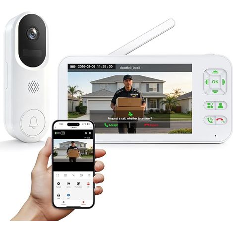 XPJ Tuya APP Wireless Doorbell with Camera and 5 Inch Screen Monitor, WiFi 1080P Connected Video Intercom, Local Storage, PIR Motion Detection, Two-Way Audio, Night Vision, Tuya APP (1/5)