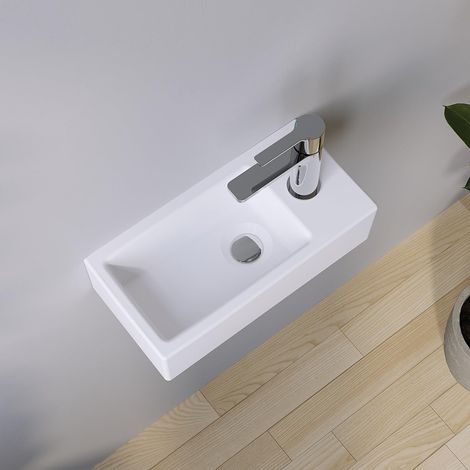 AQUABATOS Hängewaschbecken Keramik Waschtisch Handwaschbecken, mit Hahnloch Rechts und Stockschrauben, Ohne Überlauf, Ohne wasserhahn, Ohne ablaufventil, Weiß, Eckig 405 x 200 x 105 mm (1/5)
