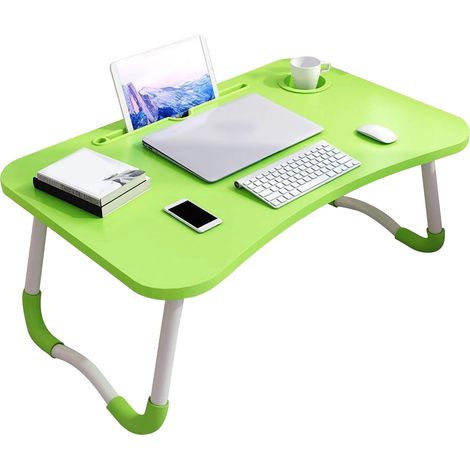 Tablette pliable pour lit avec porte-gobelet, bureau portable pour enfants, planche en panneau de densité, vert, pour chambre. (1/5)