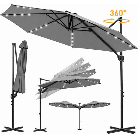 TolleTour Sonnenschirm Ampelschirm 3x3 m Grau mit Solar LED, 360° drehbar & 0–60° neigbar, UV50+ wasserabweisend, Kurbel, Garten Terrasse Balkon
