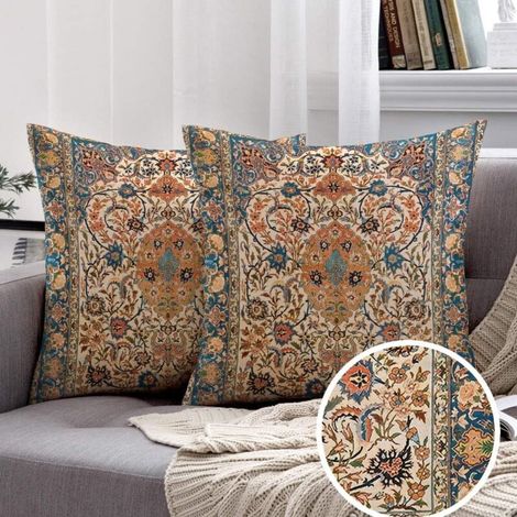 Lot de 2 Boho Housse de Coussin 45x45 Exterieur Impermeable Polyester Motif Floral Ethnique Bohème Taie d'oreiller Décoration d'intérieur pour Canapé
