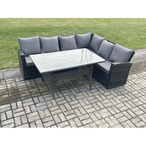 Fimous 6 Seater Garden Rattan Furniture Corner Sofa Dining Table Set with Temper Glass and Cushions Indoor Outdoor Lounge Sofa Set (1/5)