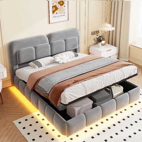 Lit coffre 140x200 cm avec rangement hydraulique et éclairage LED, lit double capitonné avec tête de lit épaisse, structure en velours gris (1/5)