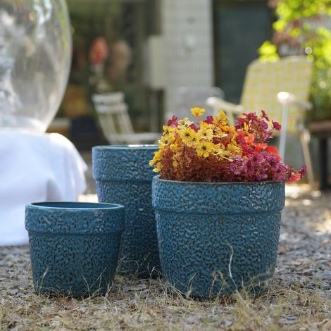 Pot de fleurs en céramique bleu antique drainant OKMYHOME (1/5)