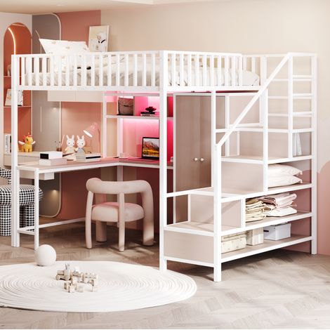 Cama alta con escritorio armario LED y cajones blanca OKMYHOME (1/5)